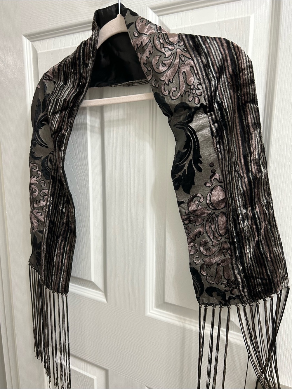 Elegant Black and Taupe/Brown Velvet Scarf with Fringe